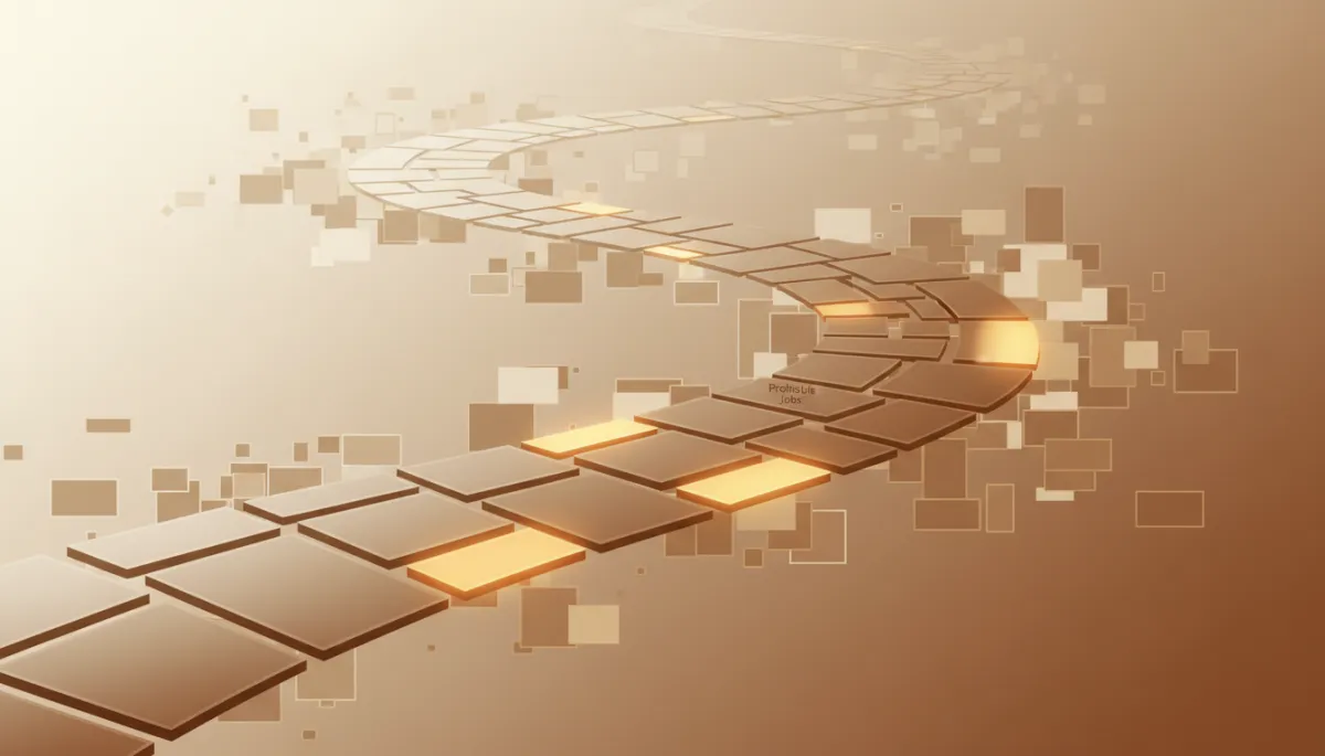 abstract artistic warm neutral visualization of a winding path of rectangles representing projects, some glowing brighter to indicate profitable jobs, fading shapes in the background suggesting unprofitable work abstract artistic warm neutral visualization of a winding path of rectangles representing projects, some glowing brighter to indicate profitable jobs, fading shapes in the background suggesting unprofitable work