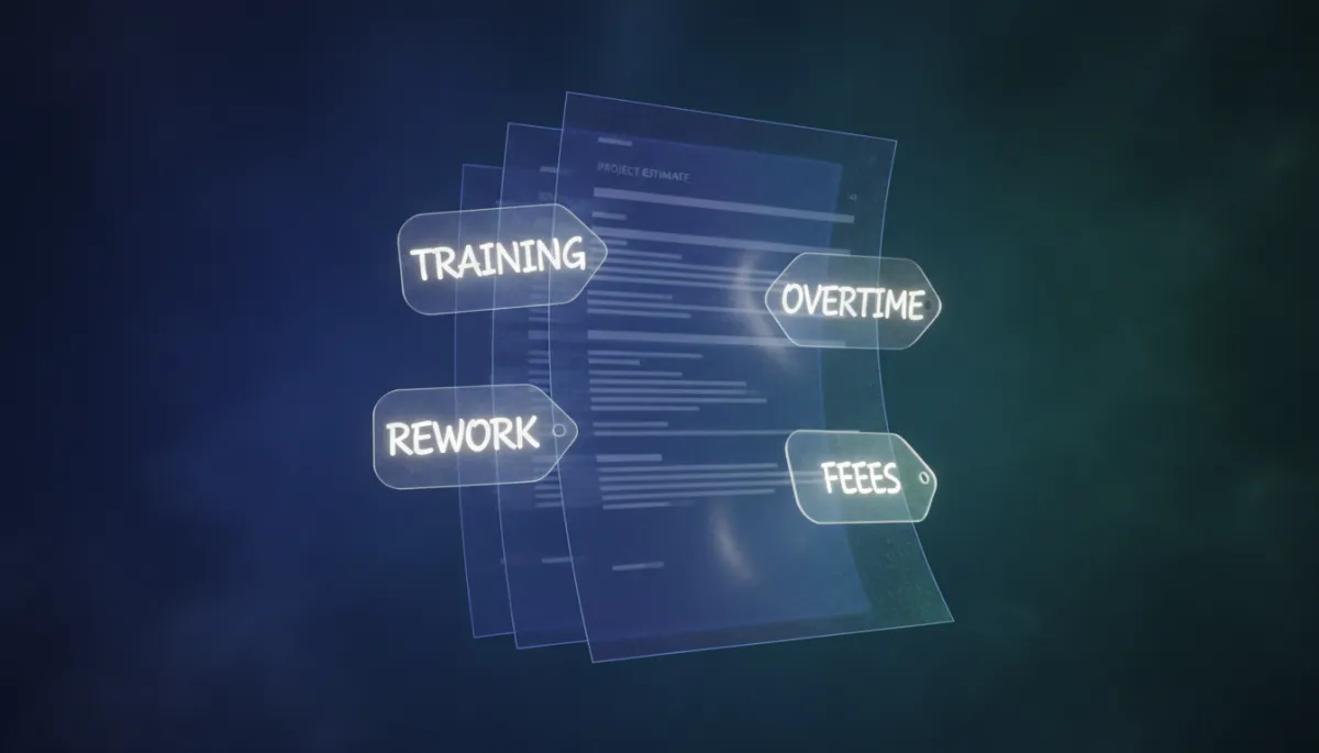 3D render digital art of hidden cost tags emerging from a project estimate document in cool shadow colors 3D render digital art of hidden cost tags emerging from a project estimate document in cool shadow colors