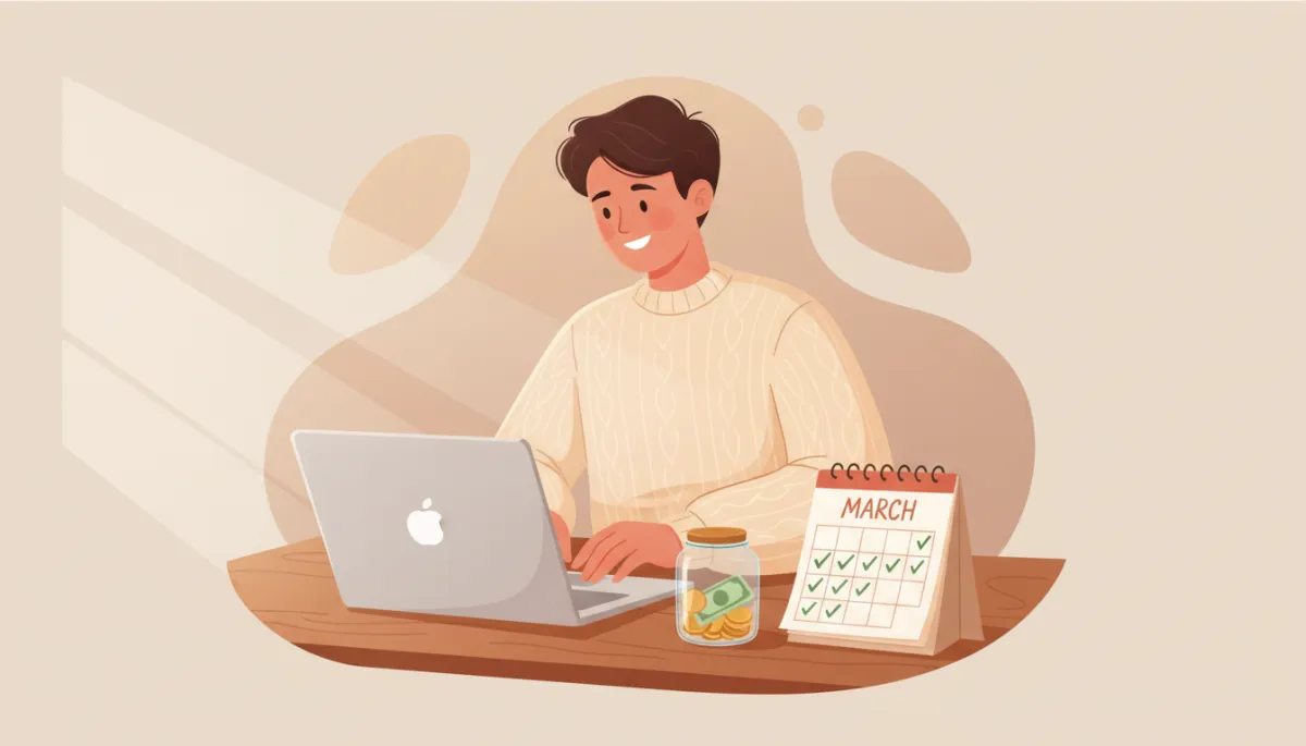 Illustrated person feeling calm after completing a monthly financial review in warm neutrals
