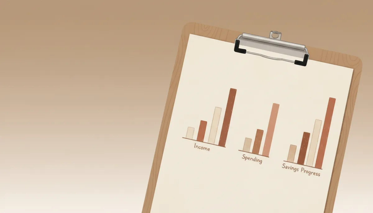 Illustrated bar charts showing gradual financial progress in warm neutral colors