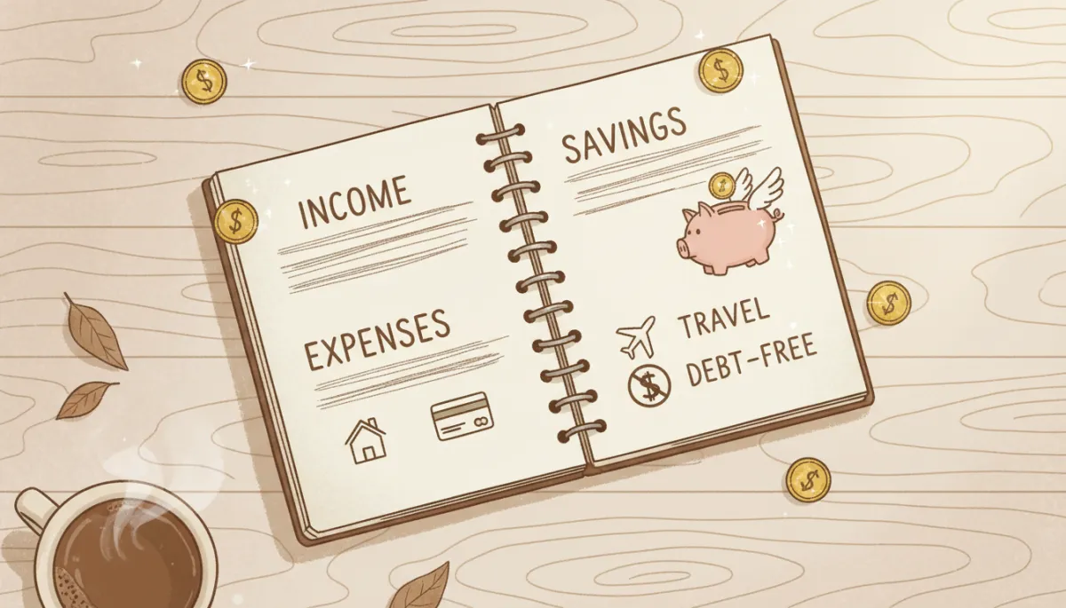 Illustrated notebook showing simple handwritten budgeting categories in warm neutral tones