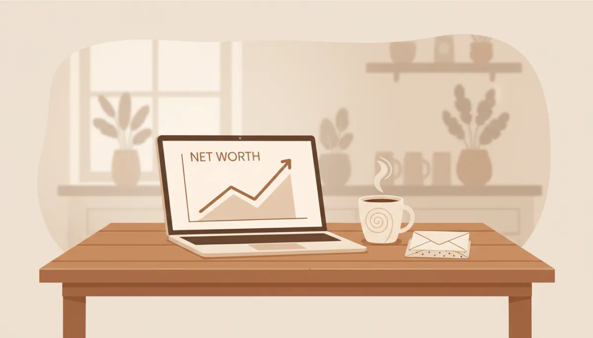 Illustrated scene of someone budgeting and tracking net worth at a kitchen table Illustrated scene of someone budgeting and tracking net worth at a kitchen table