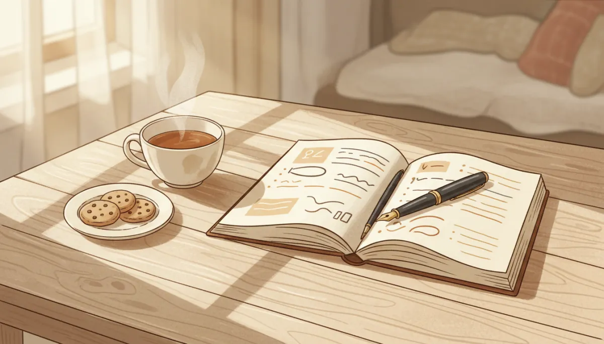 Illustrated journal with financial goals and plans in warm neutral tones Illustrated journal with financial goals and plans in warm neutral tones
