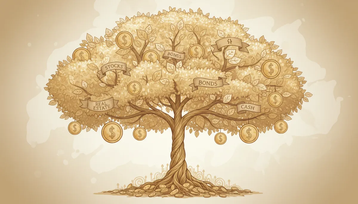 Illustrated money tree showing diversified investment branches in warm neutral tones Illustrated money tree showing diversified investment branches in warm neutral tones