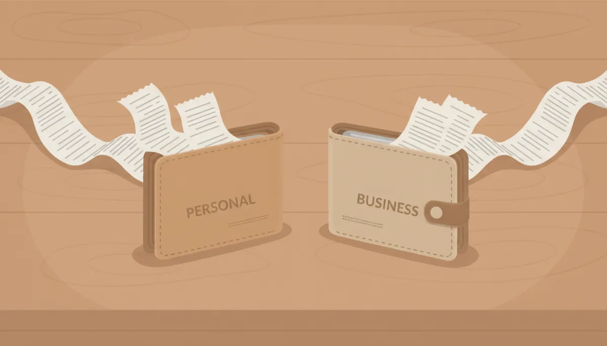 Illustrated separation of personal and business finances with labeled wallets Illustrated separation of personal and business finances with labeled wallets