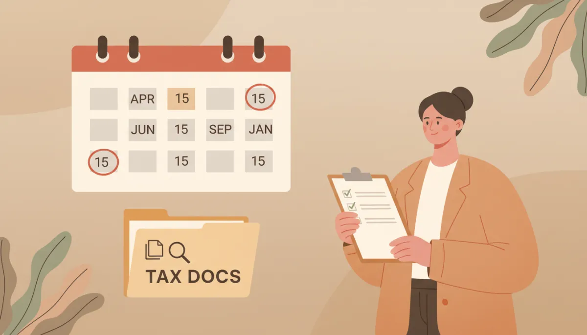 Illustrated calendar with tax dates and organized tax documents Illustrated calendar with tax dates and organized tax documents