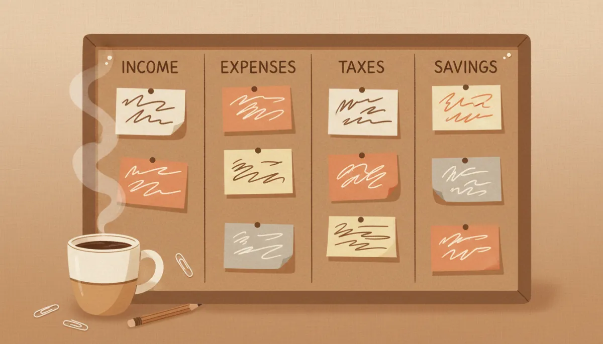Illustrated budgeting board with income, expenses, taxes, and savings columns Illustrated budgeting board with income, expenses, taxes, and savings columns