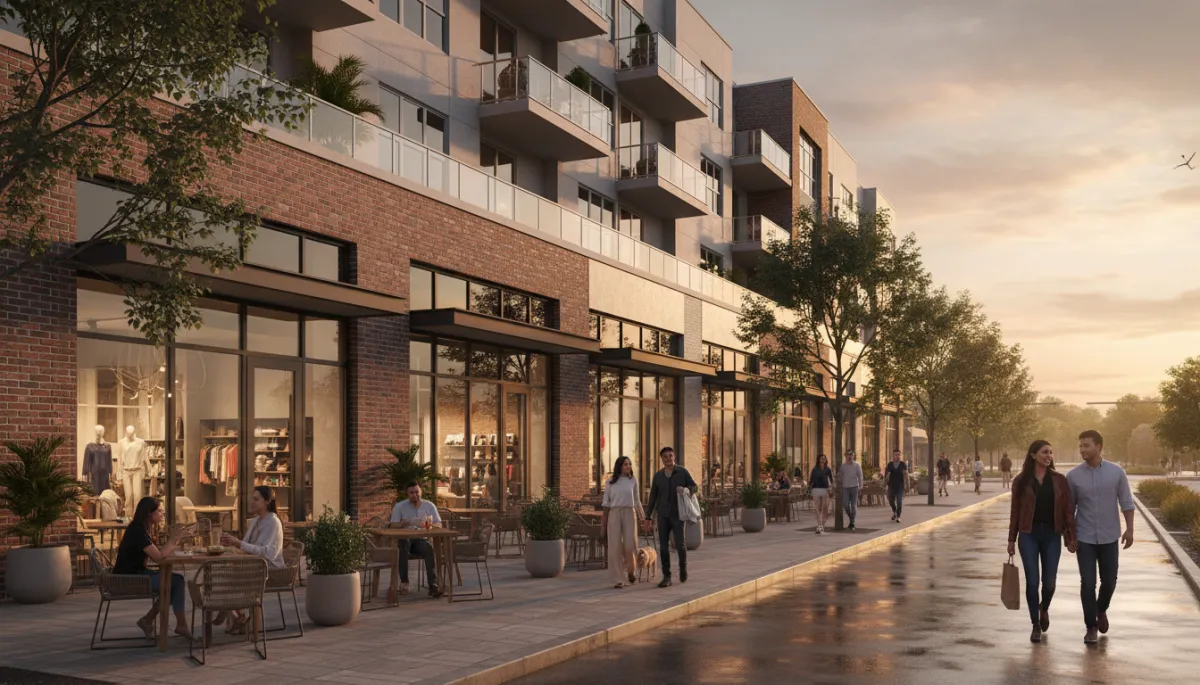 Mixed-use development with shops and apartments in a Houston district Mixed-use development with shops and apartments in a Houston district