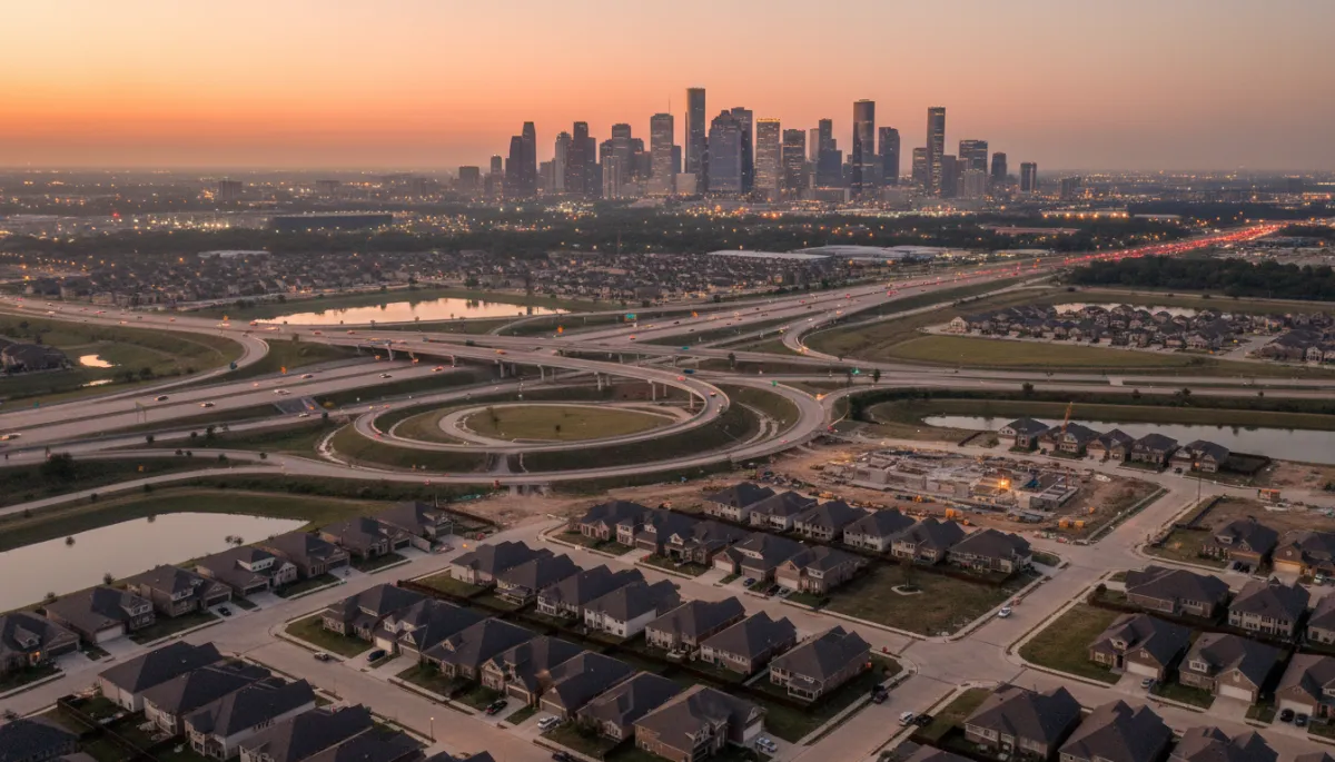 Panoramic view of Houston skyline and expanding suburban development Panoramic view of Houston skyline and expanding suburban development
