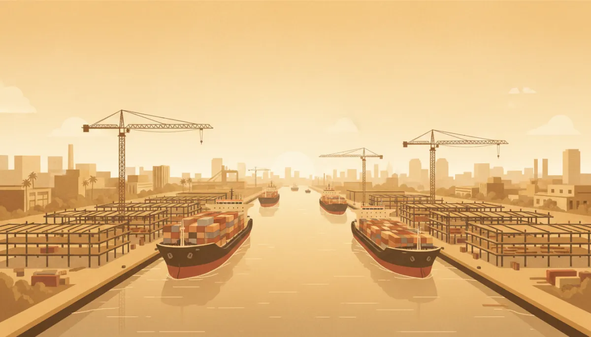 Illustrated view of Houston Ship Channel expansion with nearby logistics construction in warm neutral tones Illustrated view of Houston Ship Channel expansion with nearby logistics construction in warm neutral tones
