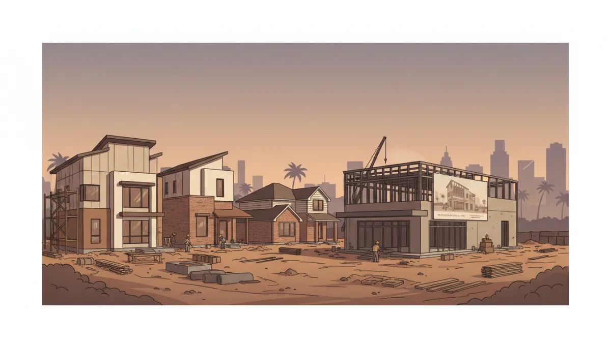 Illustrated Houston neighborhood with mixed residential and commercial construction in warm neutral tones Illustrated Houston neighborhood with mixed residential and commercial construction in warm neutral tones