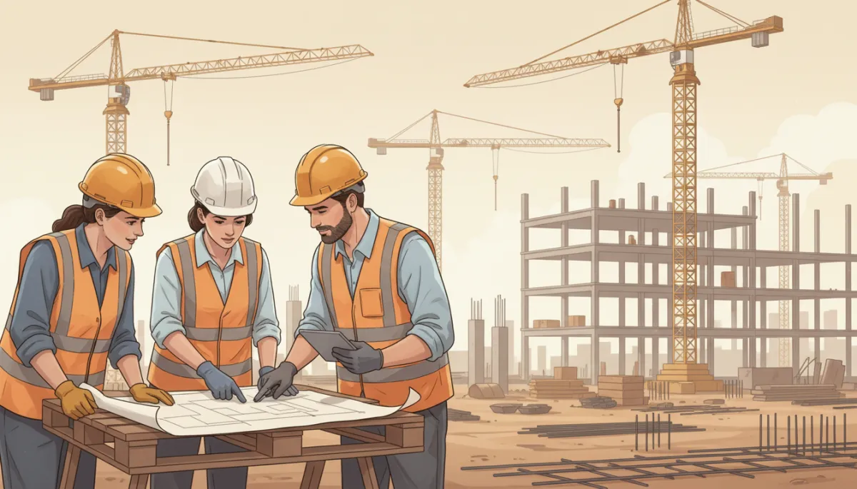 Illustrated Houston construction crew reviewing blueprints on an active jobsite in warm neutral tones Illustrated Houston construction crew reviewing blueprints on an active jobsite in warm neutral tones