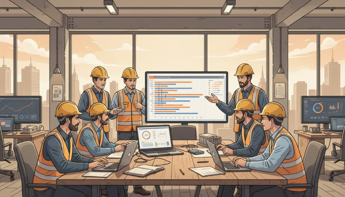 Illustrated construction office with digital tools and AI dashboards in warm neutral tones Illustrated construction office with digital tools and AI dashboards in warm neutral tones