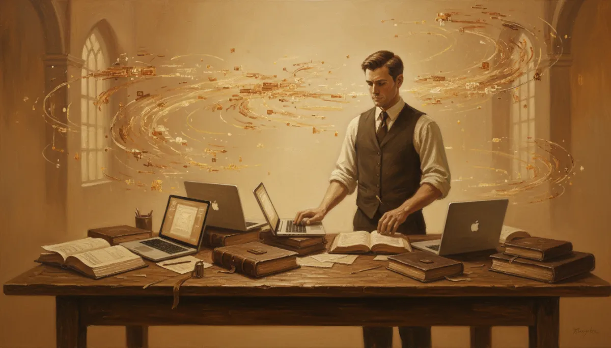 Canvas oil painting of a bookkeeper surrounded by both ledgers and glowing AI data Canvas oil painting of a bookkeeper surrounded by both ledgers and glowing AI data