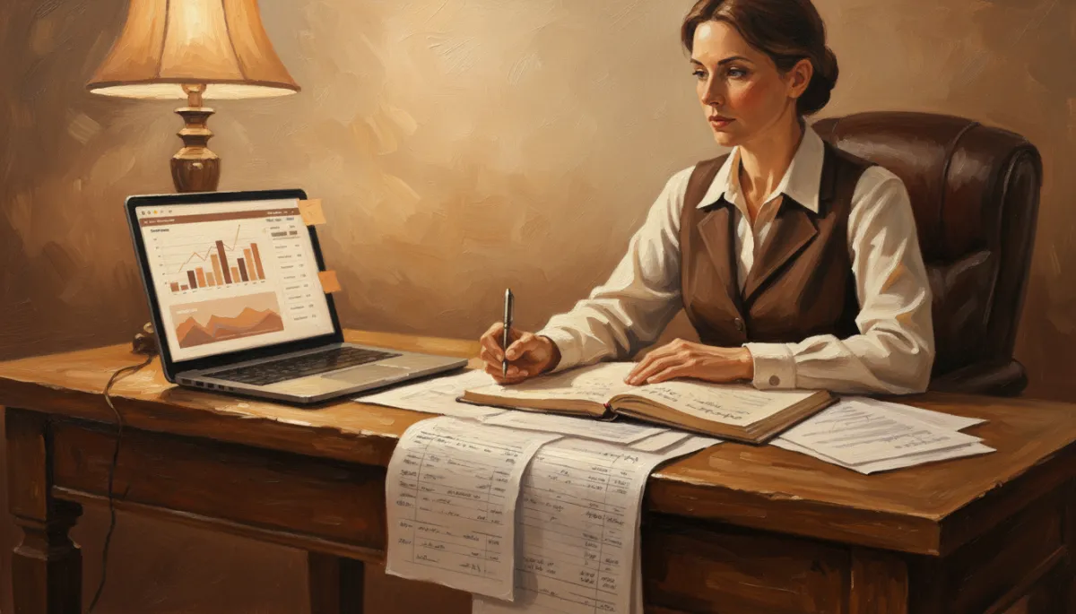 Canvas oil painting of a bookkeeper reviewing reports beside an AI dashboard in warm tones Canvas oil painting of a bookkeeper reviewing reports beside an AI dashboard in warm tones