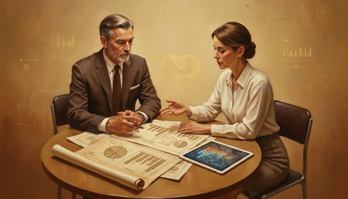 Canvas oil painting of a bookkeeper advising a business owner with AI charts nearby Canvas oil painting of a bookkeeper advising a business owner with AI charts nearby