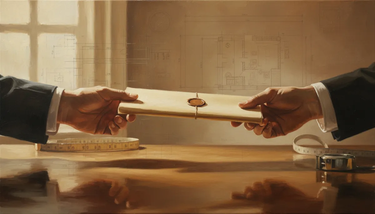 Canvas oil painting of a contract being exchanged between client and contractor