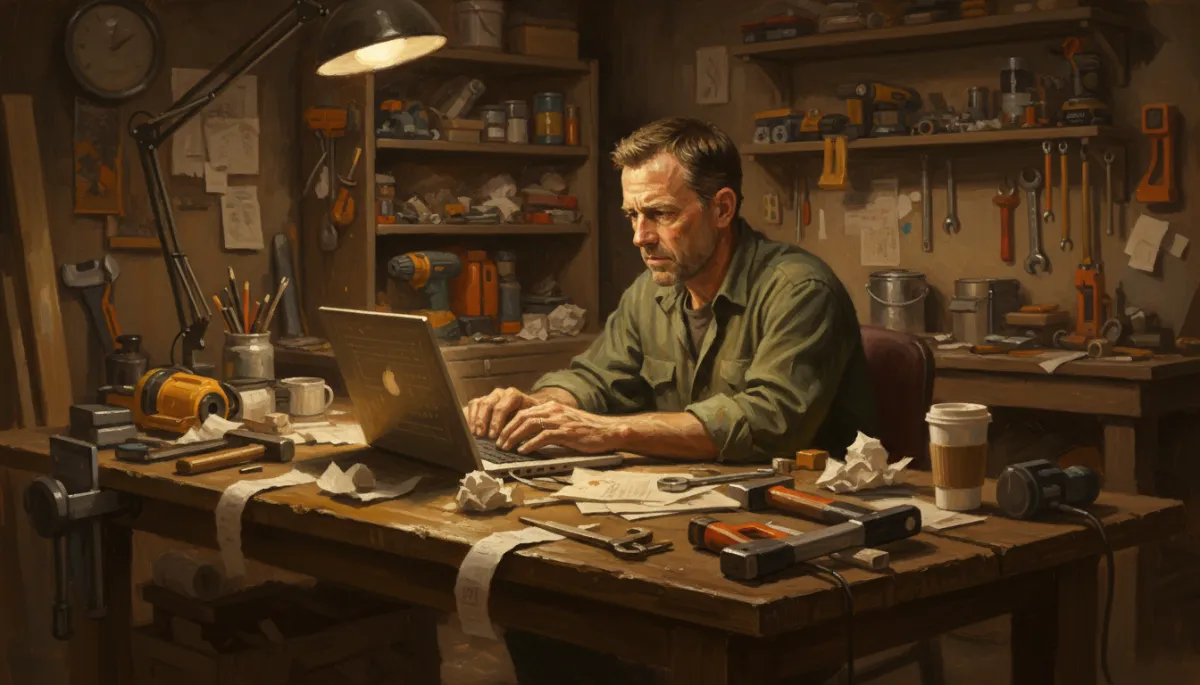 Canvas oil painting of a contractor working late in a workshop