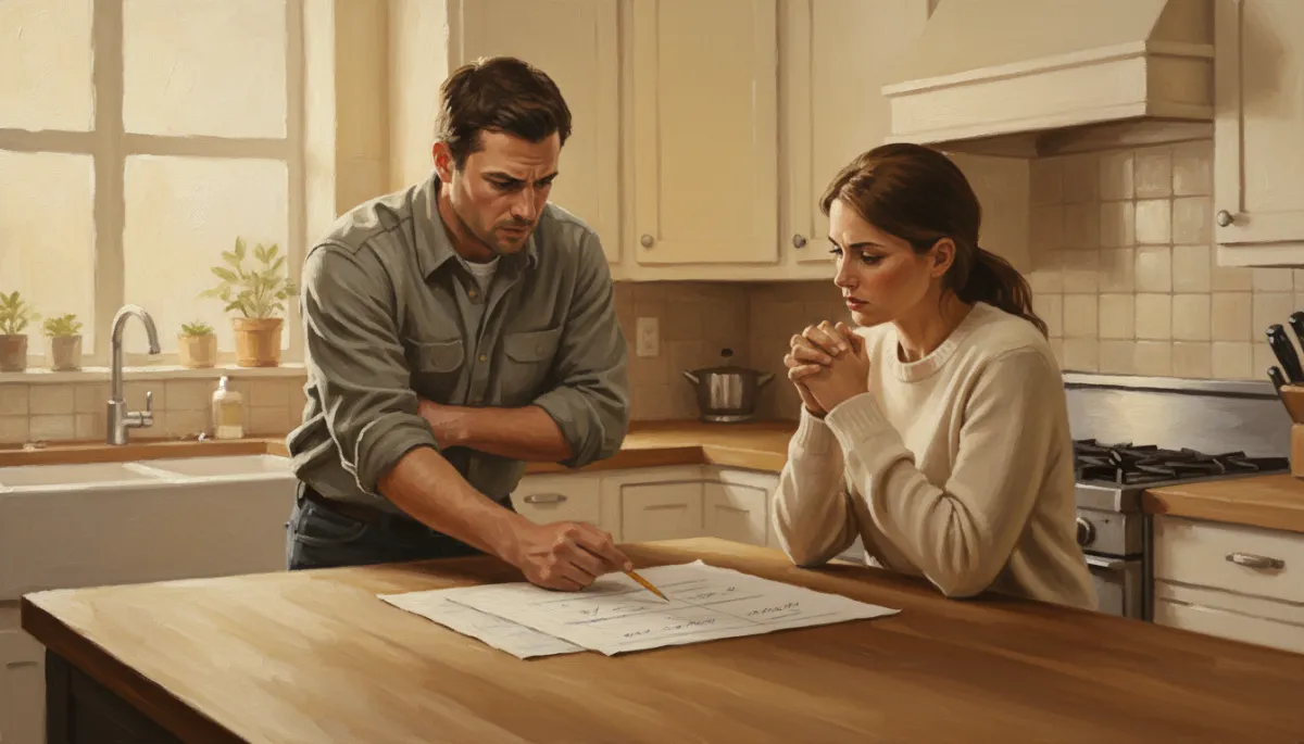 Canvas oil painting of contractor and homeowner reviewing a job estimate