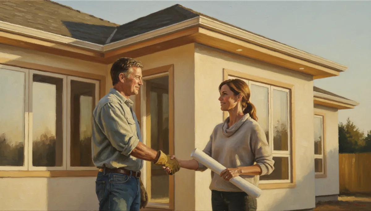 Canvas oil painting of contractor and client shaking hands after a successful project