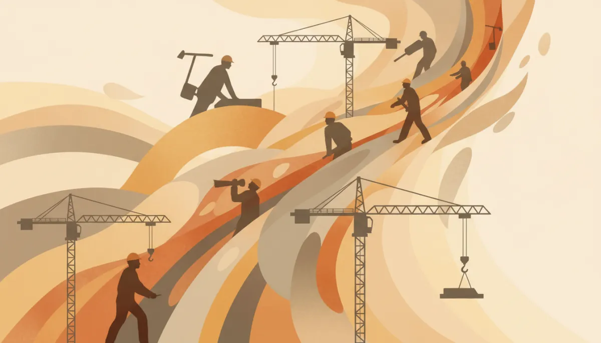 Abstract artistic representation of construction workers and cranes in warm neutral tones