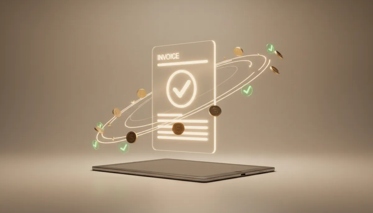 3D render digital art of a glowing digital invoice with coins and checkmarks 3D render digital art of a glowing digital invoice with coins and checkmarks