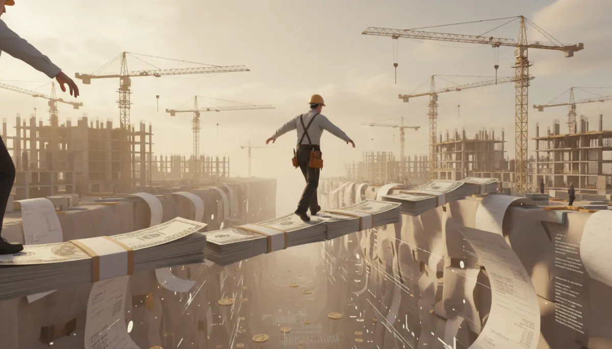 3d render digital art of contractor balancing over a financial gap 3d render digital art of contractor balancing over a financial gap