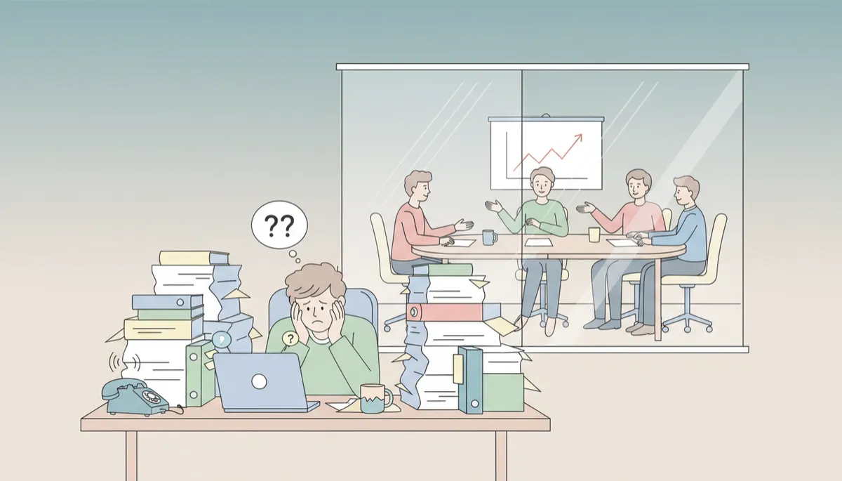 Business owner overwhelmed by operations contrasted with calm leadership team