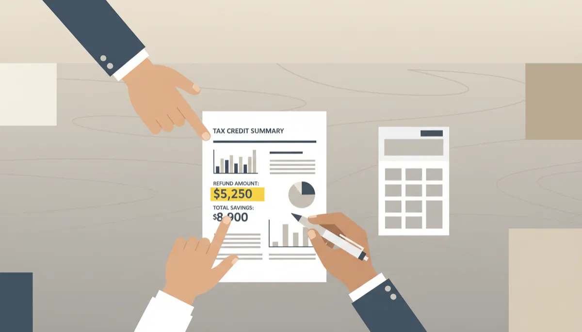 professional neutral-toned close-up of hands pointing at a printed tax credit summary showing refund amounts and highlighted figures on a conference table, calculator and pen nearby, calm professional atmosphere