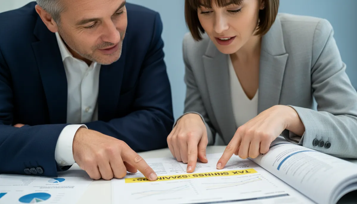 Business owner reviewing a tax strategy report with highlighted savings