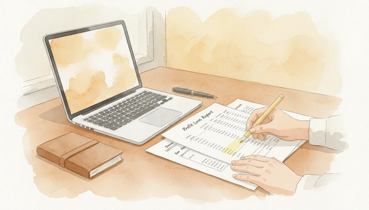 Profit and loss report being reviewed and highlighted by a business owner