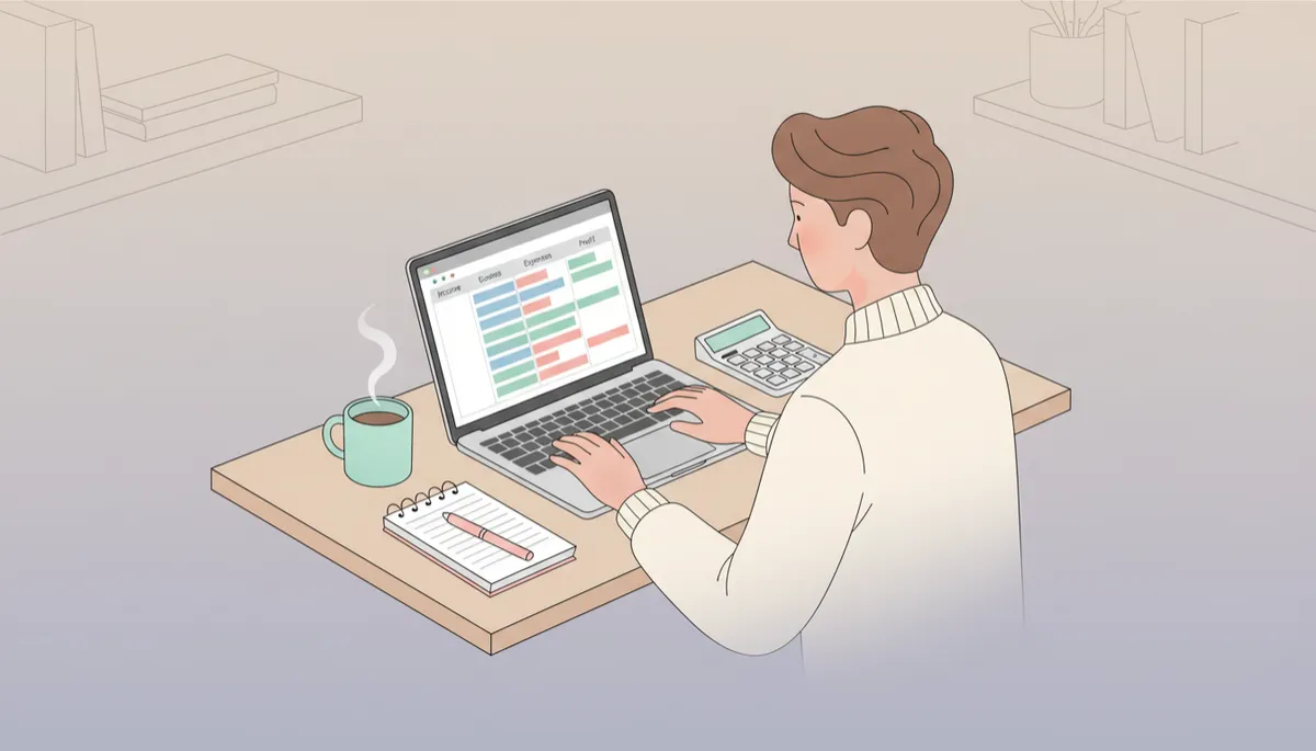Business owner calculating expenses with a laptop and calculator