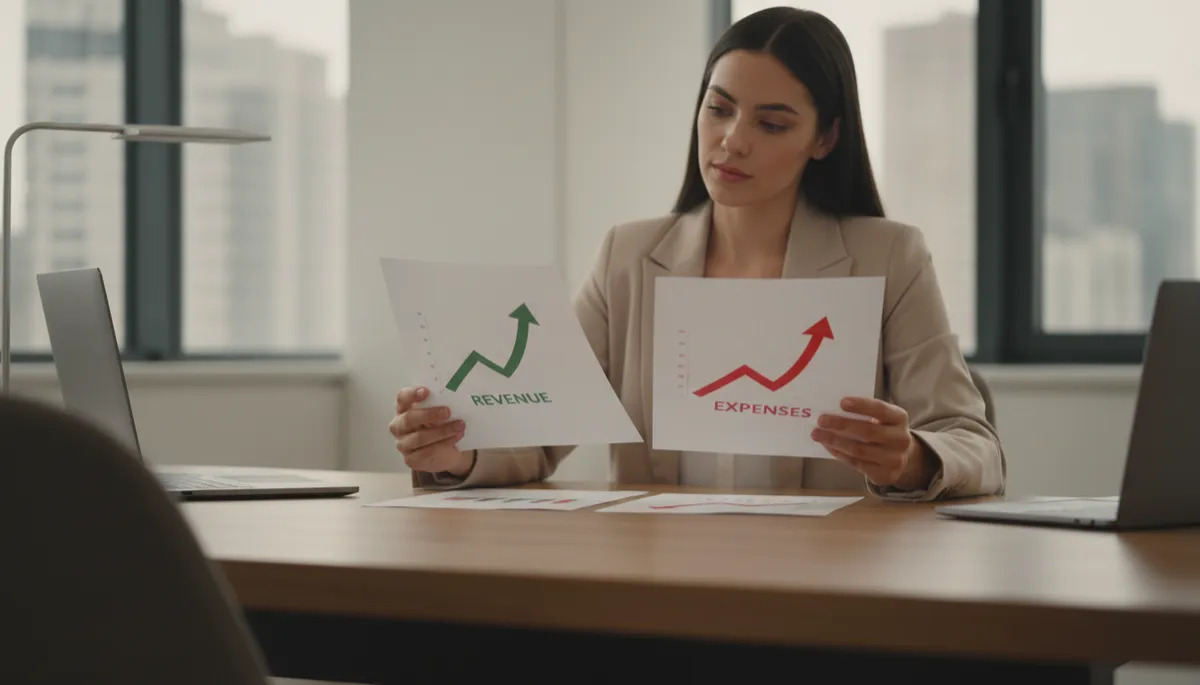 Business owner comparing rising income with rising expenses