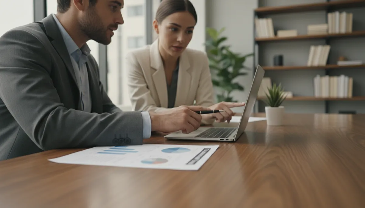 Advisor and business owner reviewing a tax reserve plan on a laptop