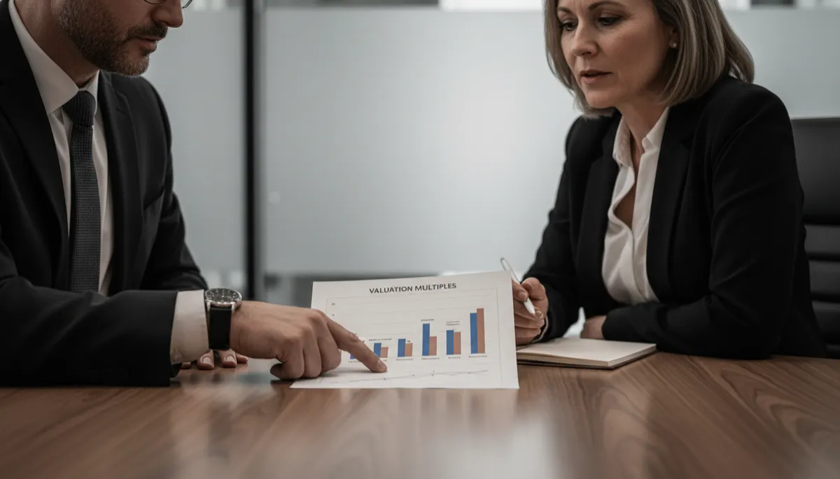 Advisor explaining valuation multiples to a business owner using printed charts