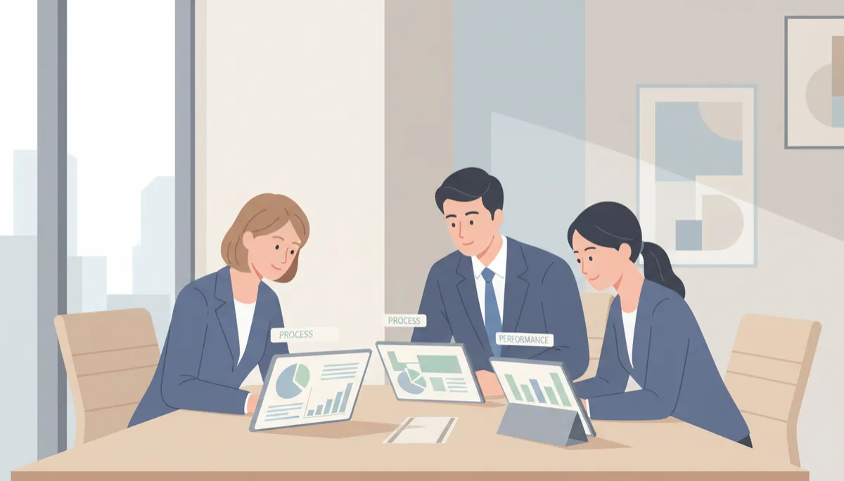 Local business owner and managers collaborating on systems and performance dashboards