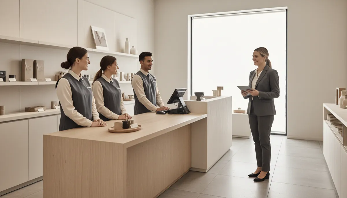 professional style, neutral-toned retail or service business with a reliable frontline team greeting customers, manager observing with a checklist and smiling as staff follow clear procedures, calm and organized environment