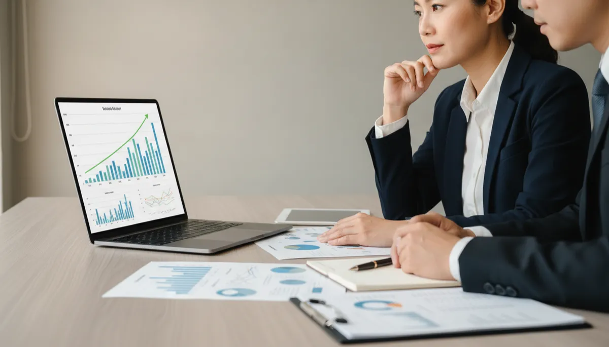 Local entrepreneur reviewing organized financials and valuation metrics with an advisor