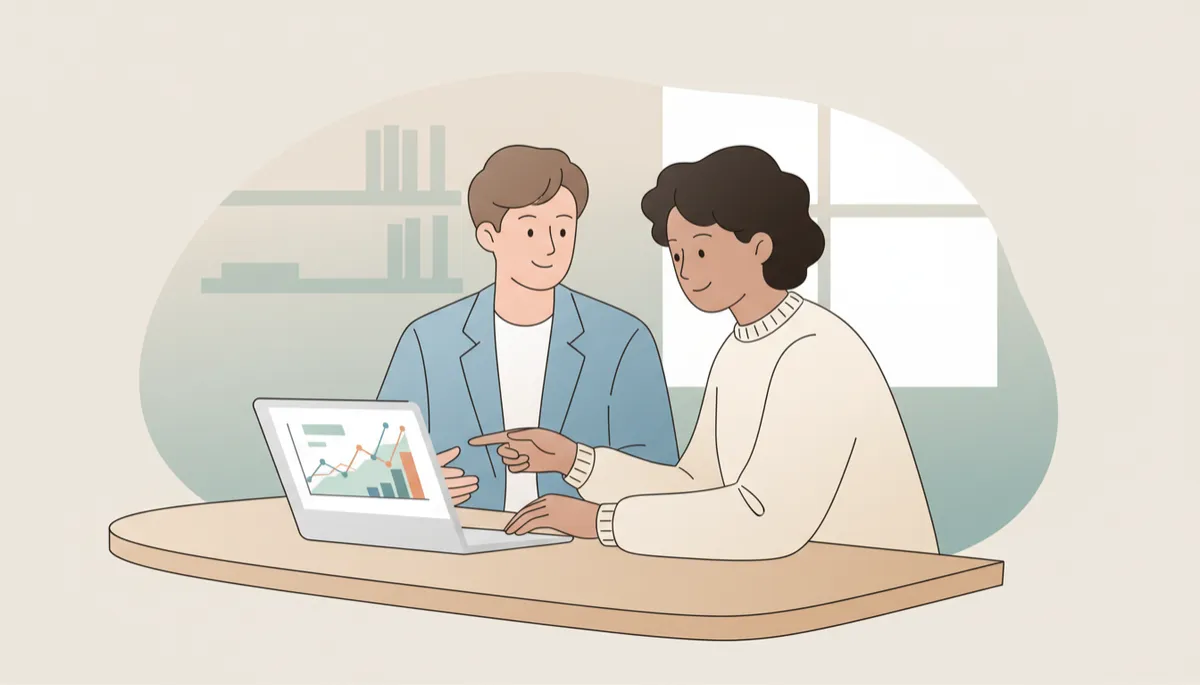 professional neutral-toned photo of a financial advisor presenting a valuation chart to a local business owner on a laptop screen, calm office environment, both discussing long-term planning and tax implications