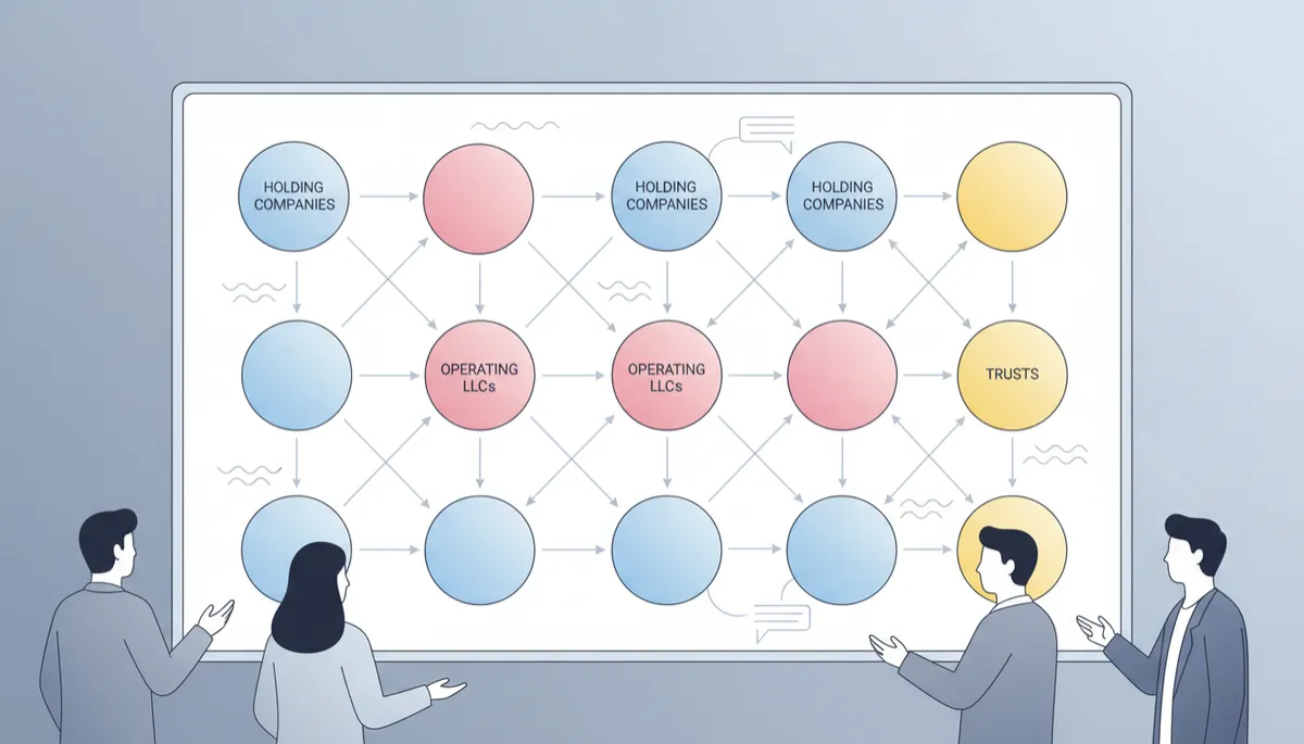 professional neutral-tone photograph of a whiteboard diagram showing holding companies, operating LLCs, and trusts interconnected, with advisors discussing the structure in a modern office, professional style