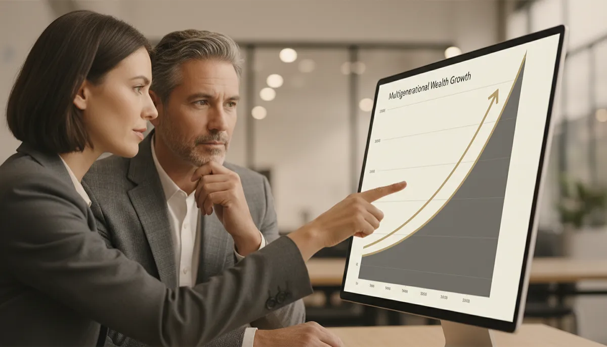Advisor explaining long-term compounding of dynasty trust assets on a growth chart