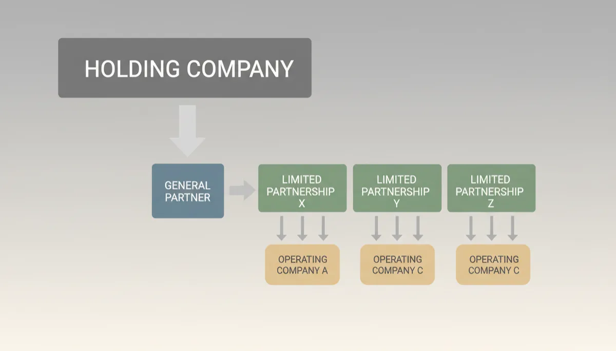 Diagram showing holding company, general partner entity, and multiple limited partnerships connected to operating companies