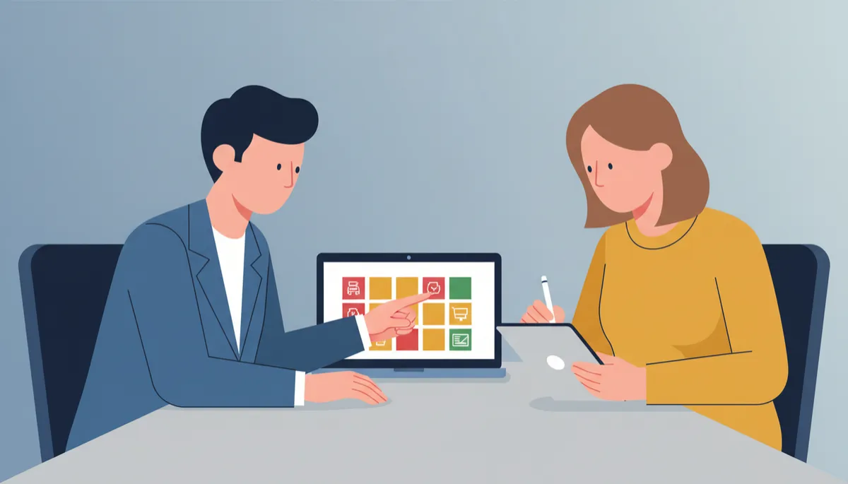 Financial advisor and business owner reviewing a structured risk management plan