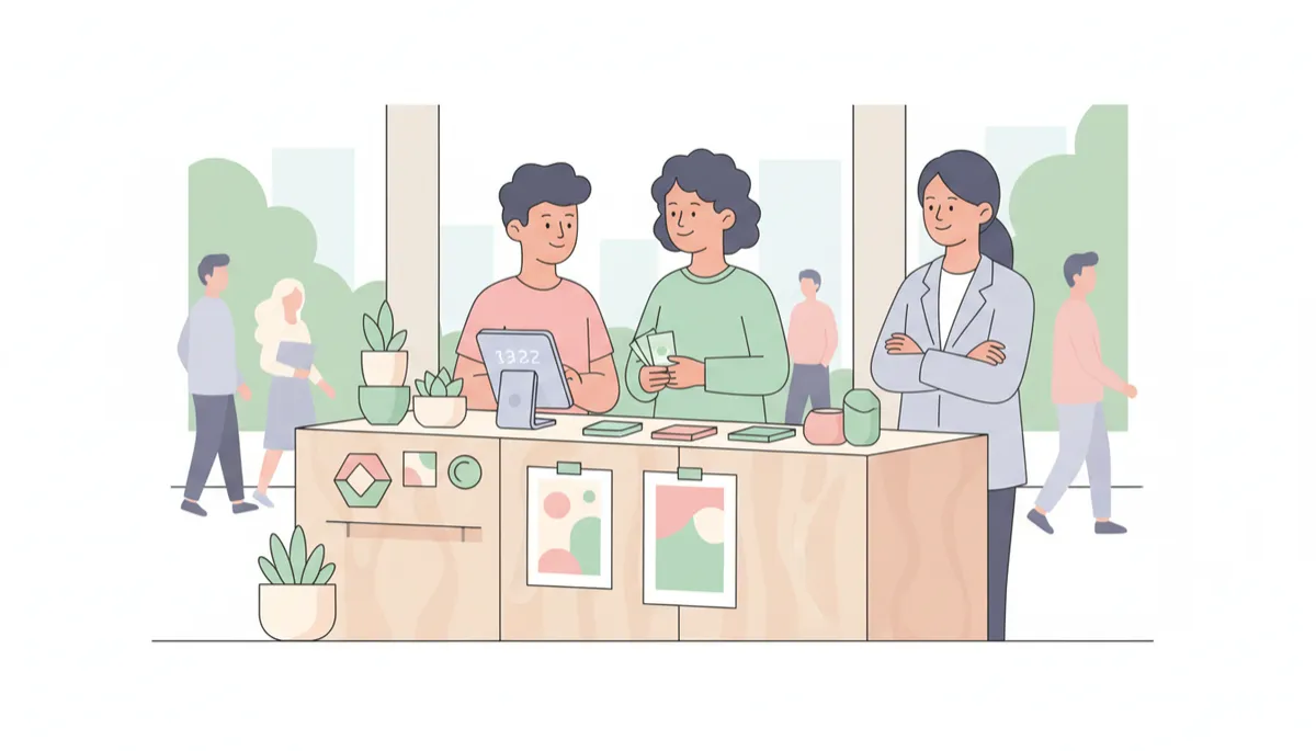 Teens running a small business stall under guidance in a corporate lobby