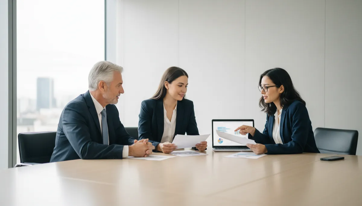 Senior leader and successor reviewing a structured wealth and succession plan with an advisor Senior leader and successor reviewing a structured wealth and succession plan with an advisor