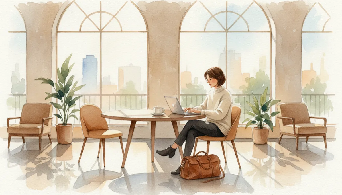 professional neutral-toned coworking lounge with a business owner casually working on a laptop, coffee on the table, travel bag nearby, daylight streaming through large windows, relaxed yet focused atmosphere, professional style