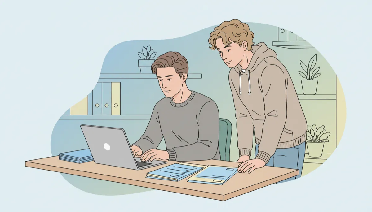 Family member handling administrative tasks at a desk while training a younger relative