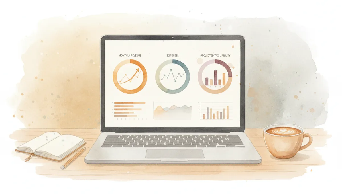 Laptop displaying monthly financial dashboard with projected tax liability