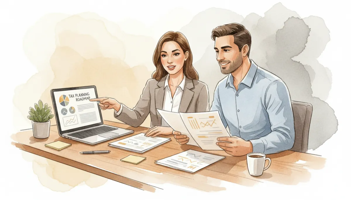 Advisor and business owner reviewing a tax planning roadmap together Advisor and business owner reviewing a tax planning roadmap together