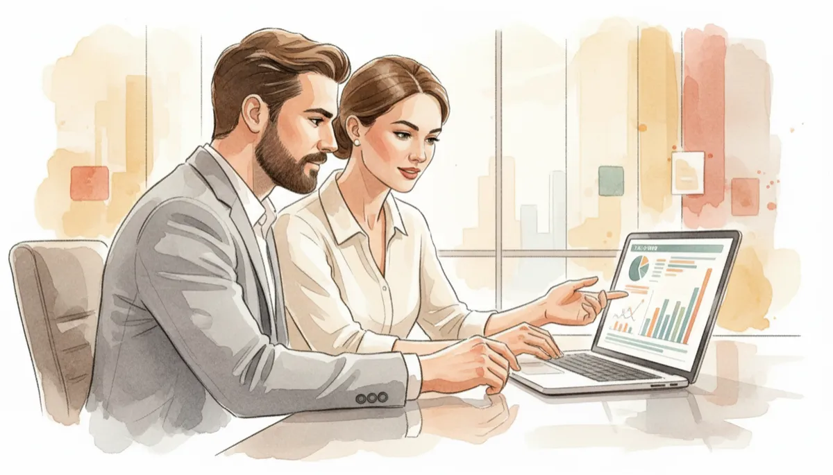 Business owner and advisor analyzing tax optimization scenarios on a laptop